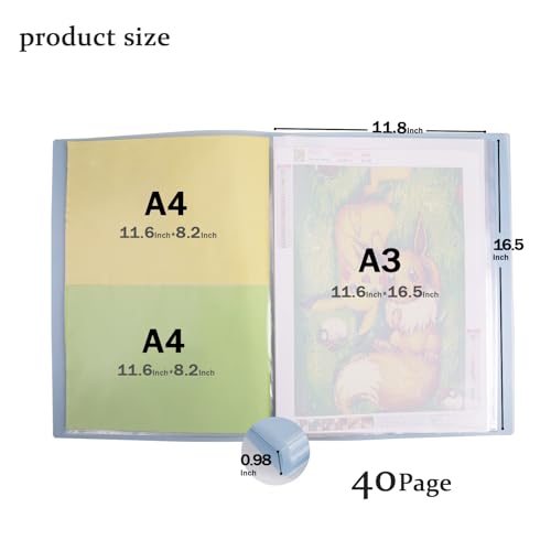 Qunrwe A3 Diamond Painting Storage Book,Blue 40 Pages Art Portfolios Case - color: Blue-40 Sleeves