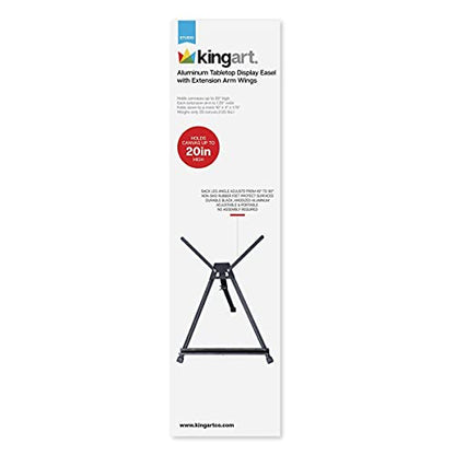 KINGART Adjustable Black Aluminum Table Top Display Easel with Extension Arm Wings -15" to 21" High - Portable Artist Tripod Folding Frame Stand - Holds Canvas, Paintings, Books, Photos, Signs