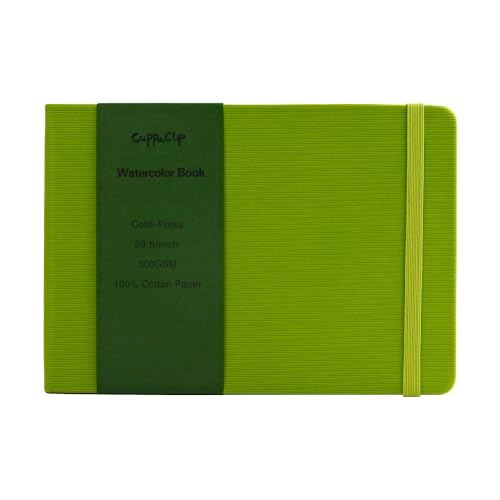 CuppaClip Watercolor Paper Cotton Cold Press with Inner Pocket Watercolor Sketchbook Journal As Travel Notebook 300 GSM 140 LB(Green, 8.3x5.8in) - color: Green, size: 8.3x5.8in
