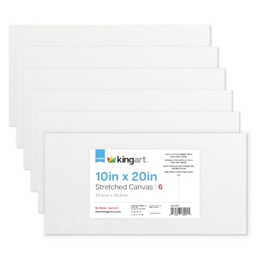 KINGART 841-6 Stretched White Canvas for Painting, 10 x 20 Inch, Pack of 6 | 100% Cotton Canvas, Triple Primed Acid-Free Gesso, Ready to Paint, Back-Stapled, Pine Bars - size: 10 x 20 Inch