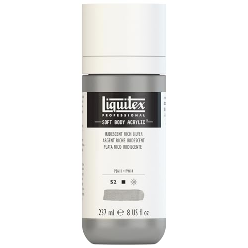 Liquitex Soft Body Acrylic Paint, 8-oz Bottle, Iridescent Rich Silver | Low Viscosity, Highly Pigmented, Satin Finish, Retains Subtle Brush Strokes, Great Surface Coverage, Highly Versatile - color: Iridescent Rich Silver, style: 8-oz Bottle