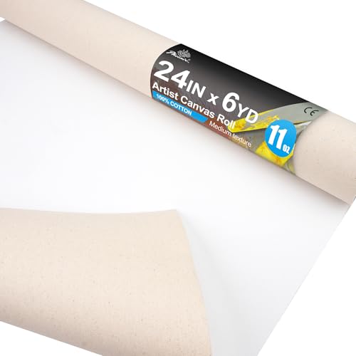 PHOENIX 24 Inch Wide x 6 Yard (18 Feet) Long Canvas Roll | 100% Cotton 11 Oz. Gesso Primed, Ready to Use Unstretched Professional Roll of Canvas for Oil & Acrylic Painting - size: 24 inch x 6 yard, style: 11 oz.
