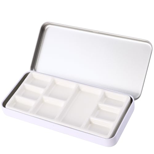 Travel Watercolor Palette, Portable Ceramic Palette 9 Well, Watercolor Palette with Lid, Empty Wet Palette Metal Paint Box with Porcelain Palettes(White Box) - color: White