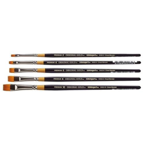 KINGART Premium 5 pc. Original Gold 9450 Series Chisel Blender - Bright Artist Brush Set, Synthetic Golden Taklon for Acrylic, Oil, and Gouache Painting, Short Handle, 5 Sizes - 2, 4, 6, 8, 10