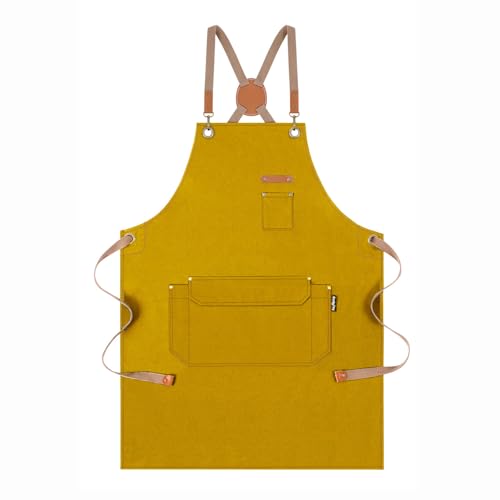 Genixart Chef Apron Men Women, Kitchen Aprons Cooking, BBQ - Yellow | Box Packed, Cotton Canvas, Cafe, Bar, Workshop, Restaurant, Water & Oil Stain Resistant, Cross Back Adjustable, Large Pockets - color: Yellow