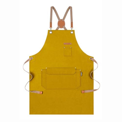 Genixart Chef Apron Men Women, Kitchen Aprons Cooking, BBQ - Yellow | Box Packed, Cotton Canvas, Cafe, Bar, Workshop, Restaurant, Water & Oil Stain Resistant, Cross Back Adjustable, Large Pockets - color: Yellow