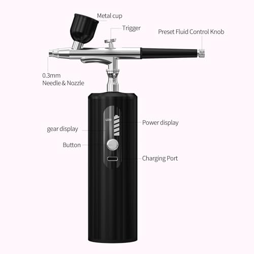 AirBrush Kit with Compressor dual-action airbrush Rechargeable Handheld Air brush for nails，Painting ，Makeup，Barber，Cake，Mode (Black)