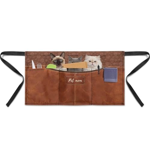 Waist Apron with 3 Pockets Waterproof 13 Inch Short Half Waist Aprons Women Men Server Aprons Waitress Waiter Apron - color: Cats