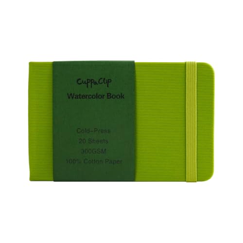 CuppaClip Watercolor Paper Cotton Cold Press with Inner Pocket Watercolor Sketchbook Journal As Travel Notebook 300 GSM 140 LB(Green, 5.8x3.7in) - color: Green, size: 5.8x3.7in