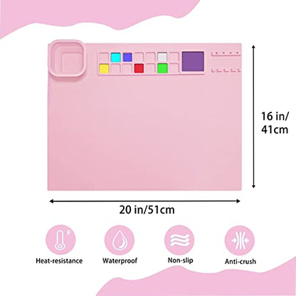 Silicone Painting Mat 20"x16", Art Craft Mat with Cup, Pink - color: Pink