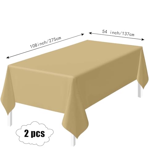 HEIPINIUYE 2 Pack Gold Tablecloth Disposable 54 x 108 Inch Gold Plastic Table Cloth Disposable Waterproof Rectangle Table Cover for Party Birthday Camping Picnic Tablecloths - color: Gold Rectangle Tablecloth, size: 2 Pack