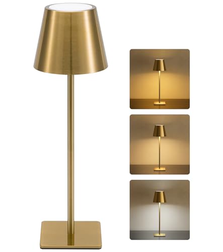 UME Cordless Table Lamp, Battery Operated Lamp - Portable Waterproof Rechargeable Table Lamp w/ 3 Color Temps & Stepless Dimming for Dinner, Desk, Cafe, Outdoor (Brushed Gold) - color: Brushed Gold, size: 1 Pack