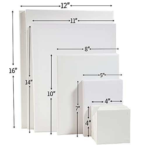 iDIY Stretched Canvas Board Multi Pack (Set of 14) - Sizes 4 x 4-12 x 16, 5/8" Variety Pack - Classic White Blank, Pre Primed for Oils or Acrylics, 100% Cotton, Acid Free - Professional Grade - size: Multi (set of 14)