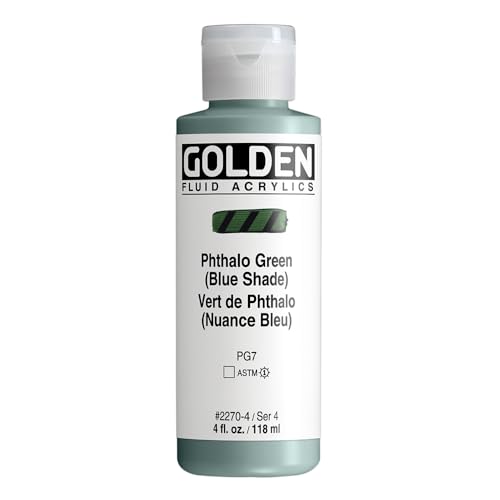 GOLDEN Fluid Acrylics, Phthalo Green (Blue Shade), 4 fl. oz. Bottle, Professional Acrylic Paint, Transparent