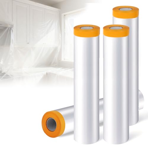 4 Rolls 8.9 x 65.6 ft Pre-Taped Masking Film, Plastic Drop Cloth with Tape | Plastic Sheeting Drop Cloth for Painting,Automotive Covering and Appliance Protection,Pre Taped painter,Plastic Sheeting Roll