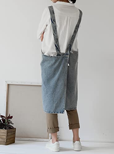 Cross Back Denim Apron for Women Men, Gardening Aprons with Large Pockets - color: Style B - Light Blue