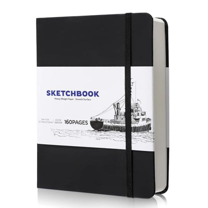 Hardcover Sketchbook 5×7 in, 180 GSM, 80 Sheets/160 Pages, Black | Acid-Free Heavy Paper, Pu Cover, Perforated Pages, Elastic Closure, Back Pocket, for Drawing & Sketching - size: 5×7 Inch (1 Pack)