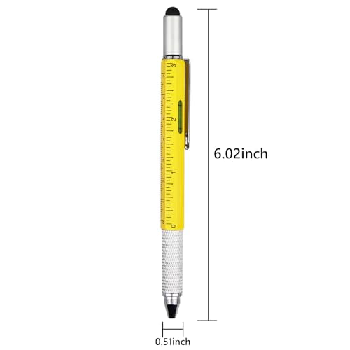 DUNBONG 6-in-1 Multi Pen, Stylus/Screwdriver, 0.7mm Black - Yellow | Aluminum prismatic non-slip grip | Rotary no-cap design | Ruler & level built-in | Refillable | Long-lasting clip - color: Yellow