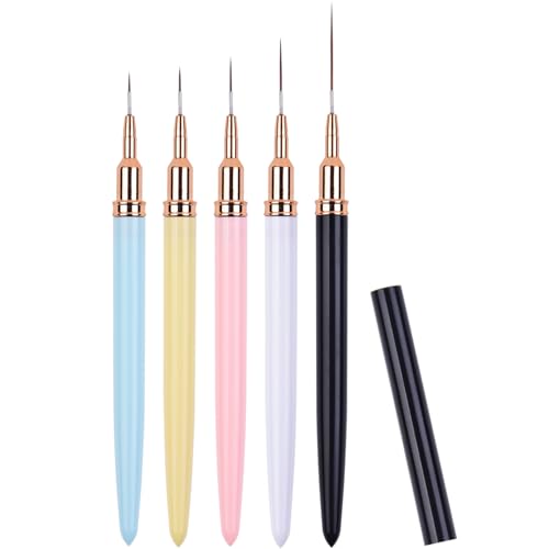 5Pcs Nail Art Liner Brushes Gel Polish Painting Nail Design Pen Set | Striping Brushes for Thin Long Lines, Tiny Details, Fine Drawing, Sizes 4/8/12/20/25mm, 5 Colors