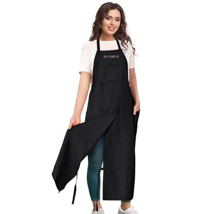 Full Coverage Pottery Apron Split Leg - 100% Cotton Canvas Potter's & Ceramics Aprons with Pockets for Women & Men - color: Black