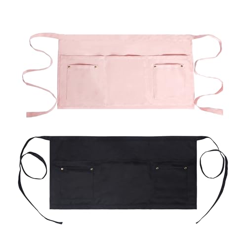 Server Apron with 5 Pockets - Rivet buckle Unisex Short/Half Waiter Waist Short Apron - color: Pink+black