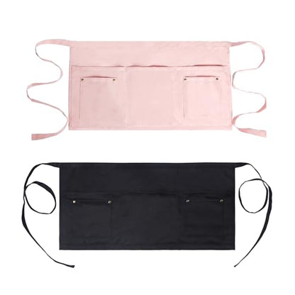 Server Apron with 5 Pockets - Rivet buckle Unisex Short/Half Waiter Waist Short Apron - color: Pink+black