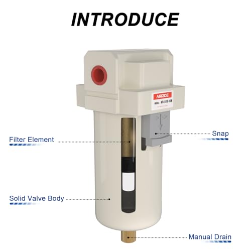 AIRZOE 1/2" NPT Air Dryer for Compressor - Air Compressor Water Separator AF4000-04,Semi-Auto Drain,5 Micron Brass Element, Poly Bowl - size: 1/2" NPT