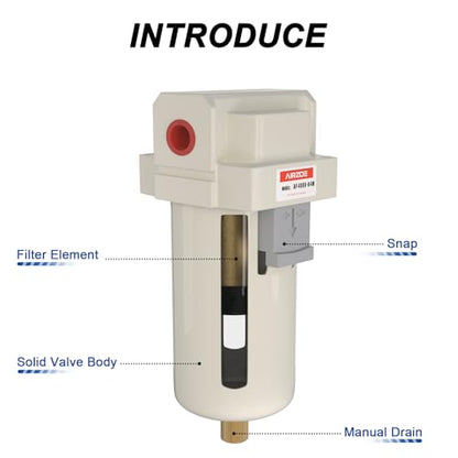 AIRZOE 1/2" NPT Air Dryer for Compressor - Air Compressor Water Separator AF4000-04,Semi-Auto Drain,5 Micron Brass Element, Poly Bowl - size: 1/2" NPT