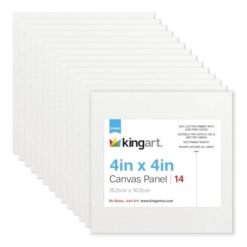 KINGART White Canvas Panel Set – Square, 4x4 Inch, 14-Pack – 100% Cotton, Pre-Primed Gesso Artist Boards for Acrylic, Oil, Sketching, & Mixed Media Painting - color: White, size: 4" x 4"
