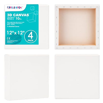 AUREUO 12x12 Inch Gallery Wrapped Canvas - 1.5 Inch Depth 4 Pack - 10 Oz Triple Gesso Primed 100% Cotton Square White Artist Canvases for Acrylic & Oil Paints - size: 12"x12" Gallery