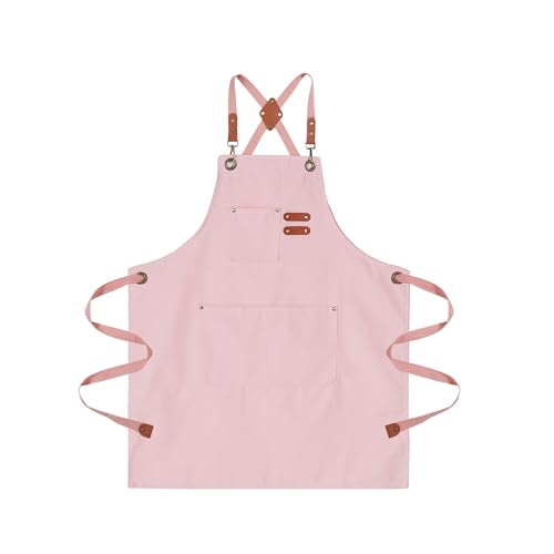 Chef Aprons for Men Canvas Apron with Large Pockets and Adjustable Neck Strap for Cooking,BBQ, Gardening - color: Pink