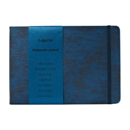 CuppaClip Leather Watercolor Journal, 300gsm/140lb 100% Cotton Cold Press Water Color Paper, 20 Sheets Acid-Free Watercolor Sketchbook Art Notebook for Painting, Drawing, Travel (Dark Blue, 8.3x5.8in) - color: Dark Blue, size: 8.3x5.8in