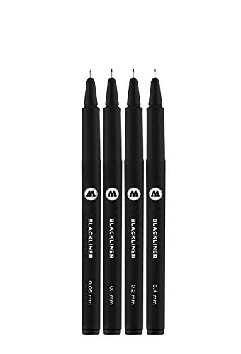MOLOTOW Blackliner Pen 4-Pen Set 1 - .05mm, .1mm, .2mm, .4mm Tips, 1 Set Each (200.486) (Pack of 2) - size: 4 Count (Pack of 2)