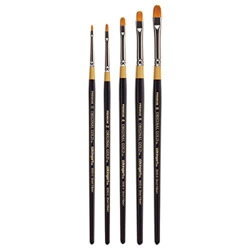 KINGART Premium 5 pc. Original Gold 9510 Series Short Filbert Artist Brush Set, Synthetic Golden Taklon Hair for Acrylic, Oil, Watercolor and Gouache Paint, Short Handle, 5 Sizes: 0, 2, 4, 6, 8