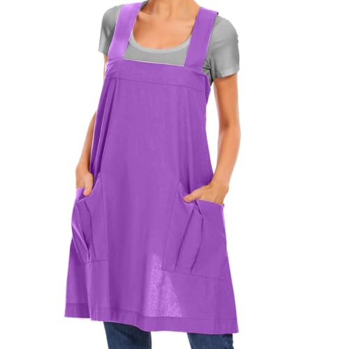 Larmliss Women's Cotton Cross Back Apron Pinafore Dress with Big Pockets Loose Square Apron for Baking Cooking Gardening - color: Purple, size: Medium