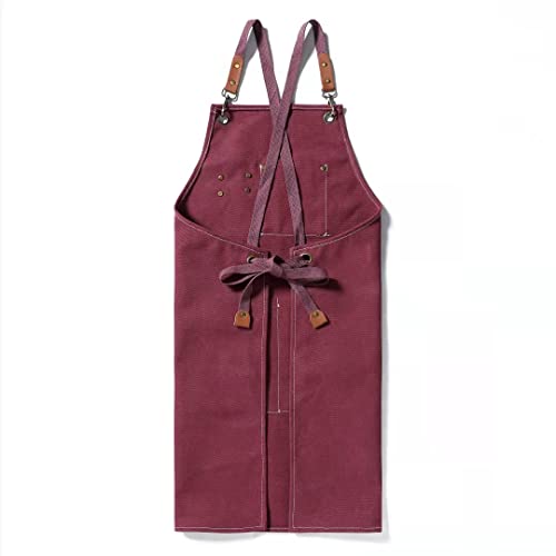 Tosewever Canvas Cross Back Chef Cotton Aprons for Men Women with Large Pockets - color: Dark Red