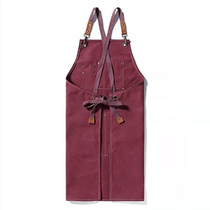 Tosewever Canvas Cross Back Chef Cotton Aprons for Men Women with Large Pockets - color: Dark Red