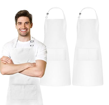 Adjustable Bib Apron 100% Polyester Kitchen Aprons Waterdrop Resistant Aprons with Adjustable Strap, Pockets & Long Ties - color: White, style: Pack of 2