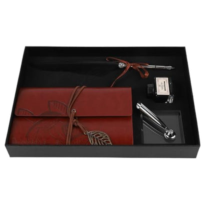 Quill Pen and Ink Set,Intage Calligraphy Feather Dip Pen Ink Leather Notebook Set,Including Feather Pen, Pen Nib Base, Notebook,Ink,Stationery Box for Him Men Dad (Black)