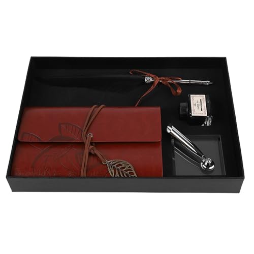 Quill Pen and Ink Set,Intage Calligraphy Feather Dip Pen Ink Leather Notebook Set,Including Feather Pen, Pen Nib Base, Notebook,Ink,Stationery Box for Him Men Dad (Black)