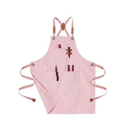 Chef Aprons for Men Canvas Apron with Large Pockets and Adjustable Neck Strap for Cooking,BBQ, Gardening - color: Pink