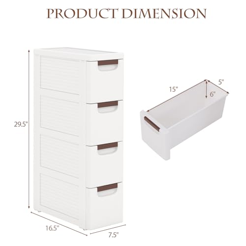 POWERSTONE 4-Drawer Plastic Storage Cart, Narrow Organizer Rolling Cart with 4 Wheels, Space-Saving Slim Mobile Utility for Bedroom, Bathroom, Office & Classroom - size: 29.5"H 4 Drawer
