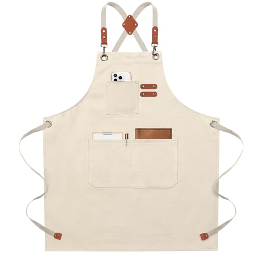 ZOMAO Chef Apron for Women Men with Large Pockets, Cotton Canvas Cross Back Waterproof Work Aprons for Kitchen Cooking Bib - color: Beige