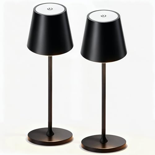 2 Pack Cordless Table Lamp,Portable LED Desk Lamp, 5200mAh Battery Operated, 3 Color Stepless Dimming Up, for Restaurant, Bedroom, Bars, Outdoor Party, Camping, Coffee Shop Night Light Black - color: Black