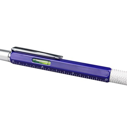 DUNBONG 6-in-1 Multi Tool Pen, Stylus & Screwdriver, 0.7mm Black Ink - Blue | Aluminum prismatic non-slip grip | Rotary no-cap design | Ruler & level built-in | Refillable | Long-lasting clip - color: Blue