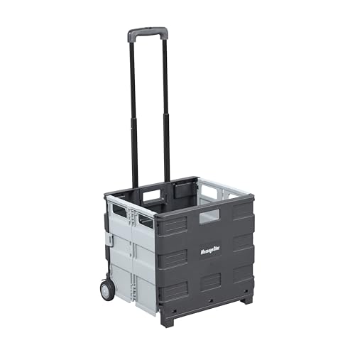 ECR4Kids Universal Collapsible Rolling Utility Storage Cart, Black | Durable plastic, adjustable handle, 40 lb capacity, collapses to 3" thick for storage, rolling wheels for easy transport