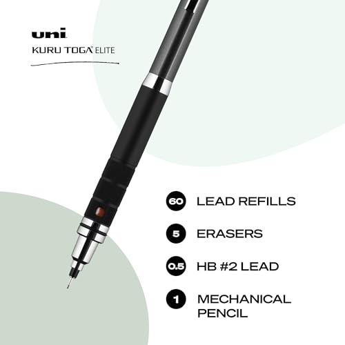 uniball™ Kuru Toga Elite Mechanical Pencil Kit, 0.5mm, HB No. 2, Gun Metal | Rotating lead engine keeps tip sharp, diamond-infused No. 2 lead for dark marks, knurled grip, replaceable eraser, refillable - color: Gun Metal, size: 1 Count (Pack of 1)
