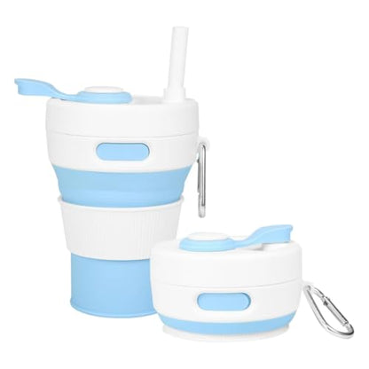 Silicone Collapsible Travel Mug Blue 15oz / 450ml - Leak-Proof Reusable Silicone Water Bottle for Hot and Cold Beverages - Travel Office and Home - Dishwasher Safe - Straw Included - color: Blue