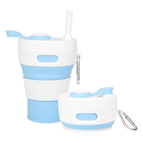 Silicone Collapsible Travel Mug Blue 15oz / 450ml - Leak-Proof Reusable Silicone Water Bottle for Hot and Cold Beverages - Travel Office and Home - Dishwasher Safe - Straw Included - color: Blue