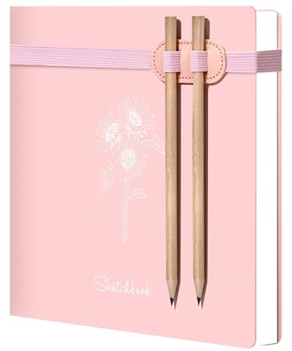 Hardcover Sketchbook for Drawing with 2 Pencils,160 Page Sketch Book,Pink | Acid Free 150GSM Thick Paper,Gift Boxed,Square Leather Art Sketch Pad Drawing Paper Book Artist's Journal for Women Adults - color: Pink